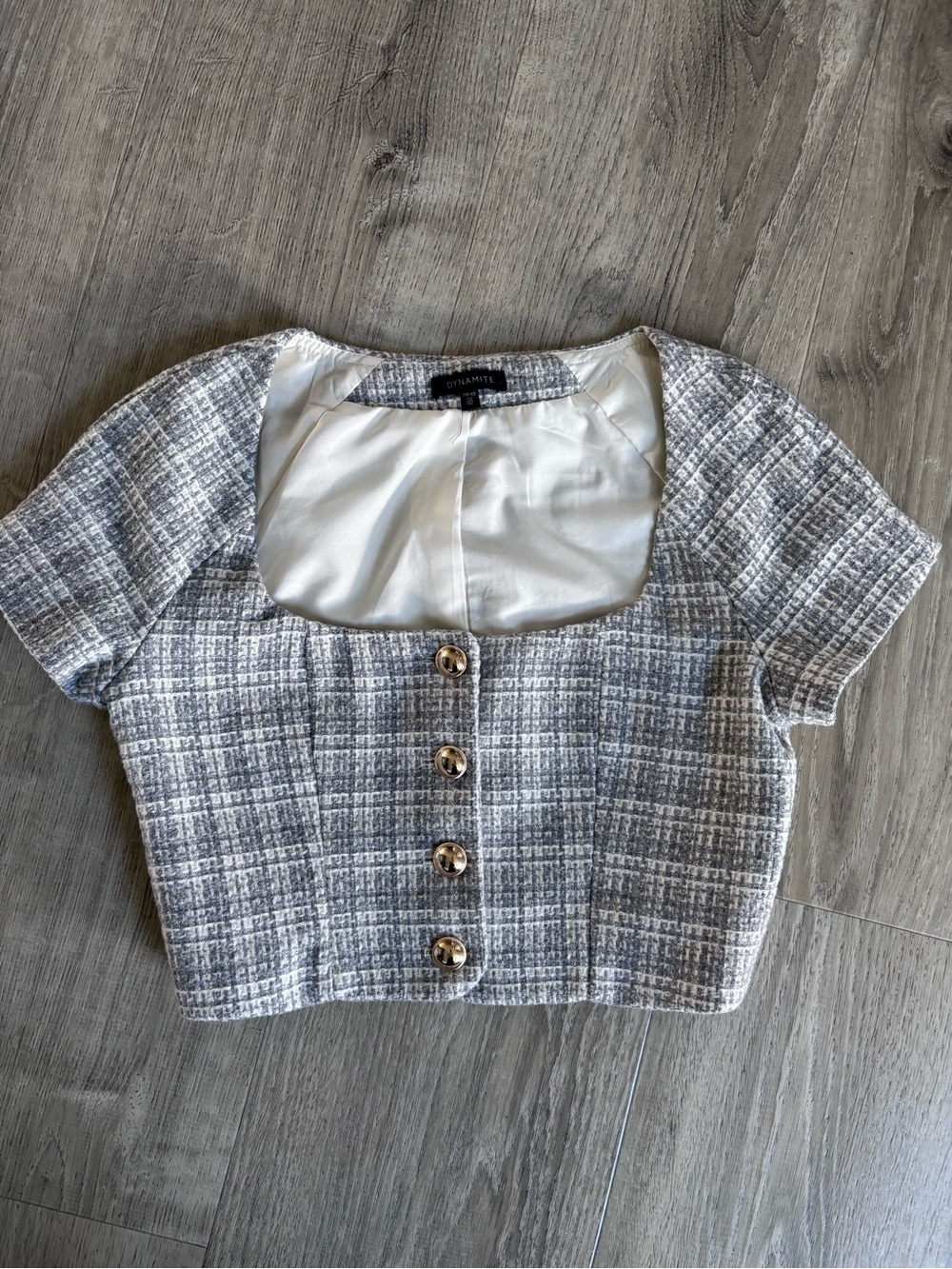 Dynamite Gray Tweed Square-Neck Crop Top